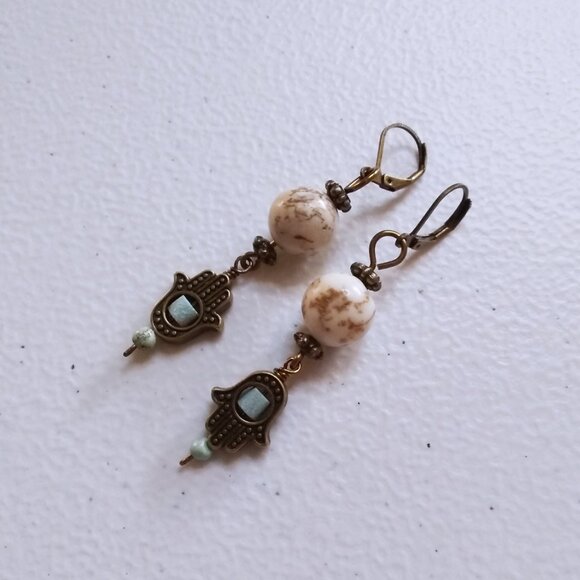 Hamsa Hand Dangle Earrings - Blessings & Protection - Natural Stone Beads - Picture 7 of 10